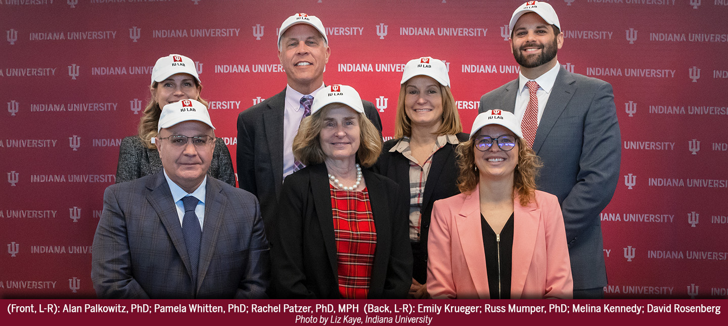 (Front, L-R): Alan Palkowitz, PhD; Pamela Whitten, PhD; Rachel Patzer, PhD, MPH (Back, L-R): Emily Krueger; Russ Mumper, PhD; Melina Kennedy; David Rosenberg (Photo by Liz Kaye, Indiana University)